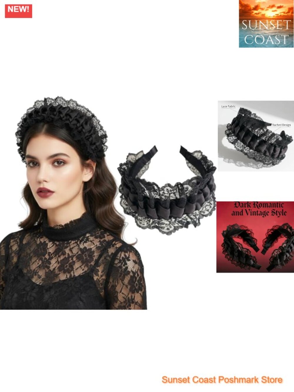 Black Lace Headband Wide Ruffled Gothic Lolita Hairband Vintage Cosplay